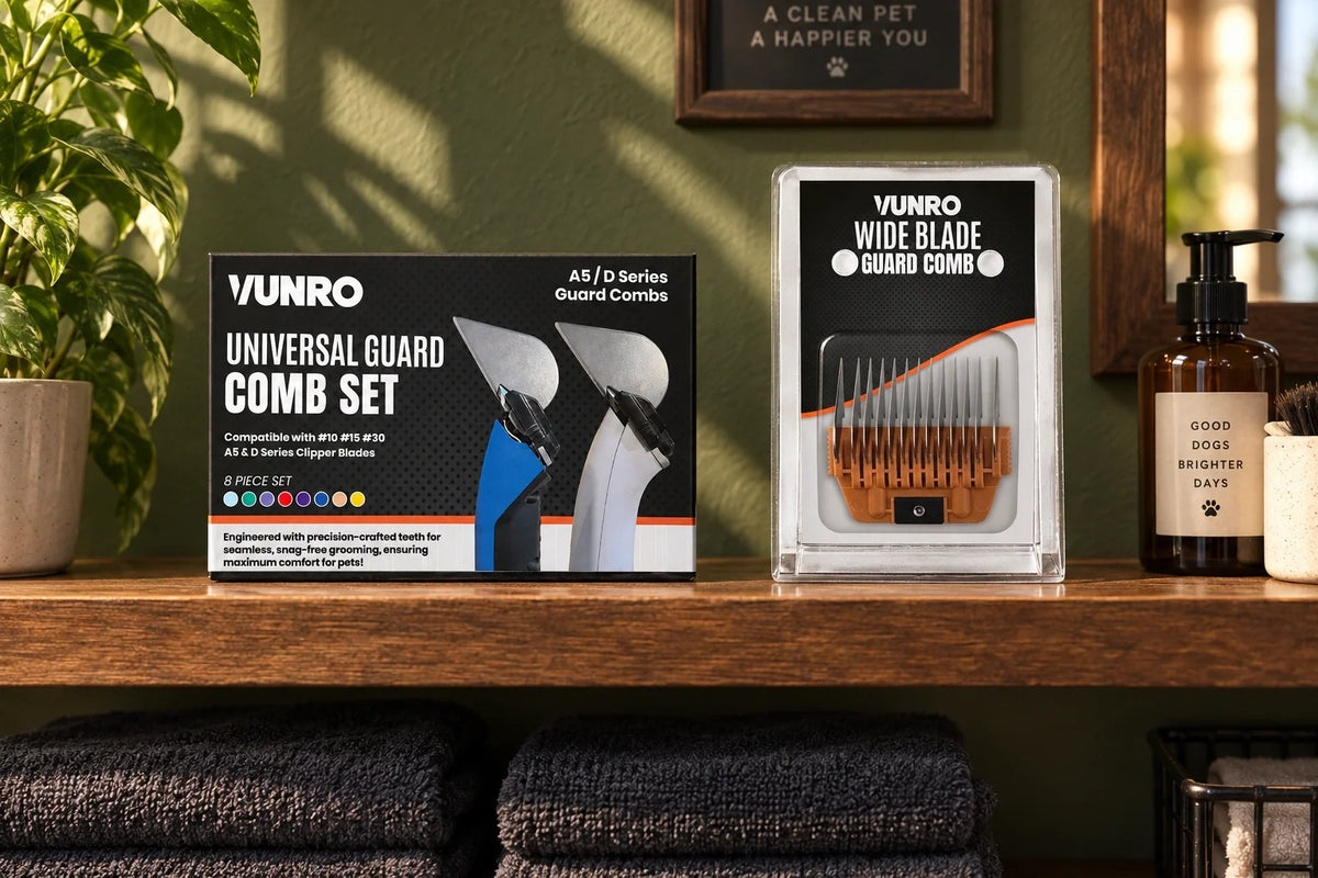 VUNRO universal guard comb set and wide blade guard comb packet resting securely on a level salon shelf