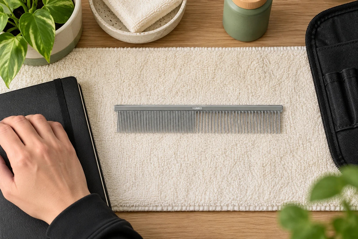 Silver coarse-and-fine grooming comb resting flat on a towel beside a notebook and closed tool pouch.