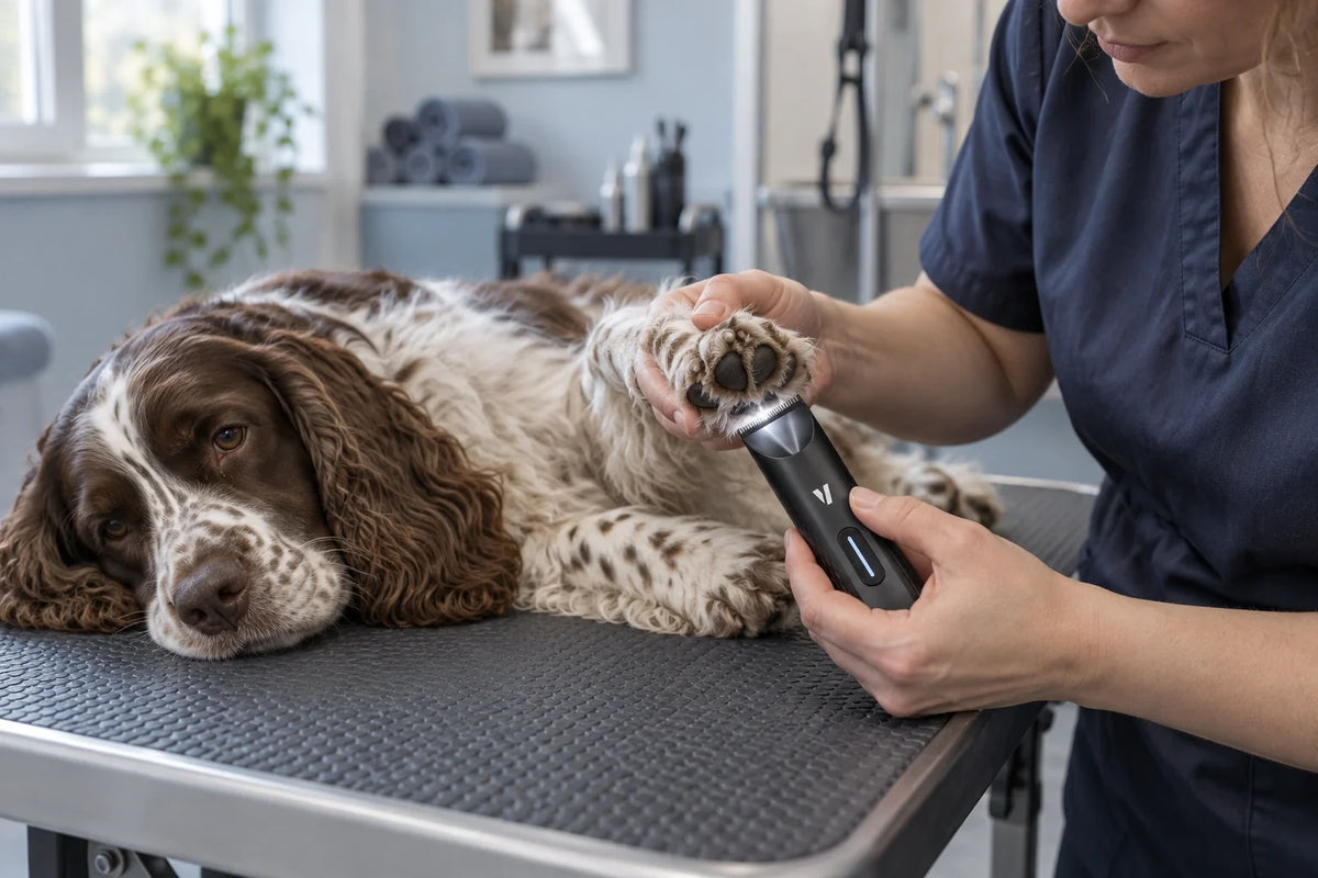 VUNRO PawTrim PRO LED Trimmer held below a comfortably supported Cocker Spaniel paw