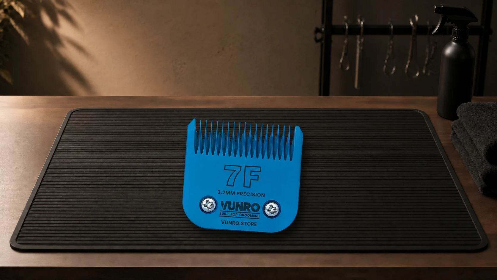 #7F Blue Steel Dog Clipper Blade (3.2 mm) resting naturally on the VUNRO grooming workbench