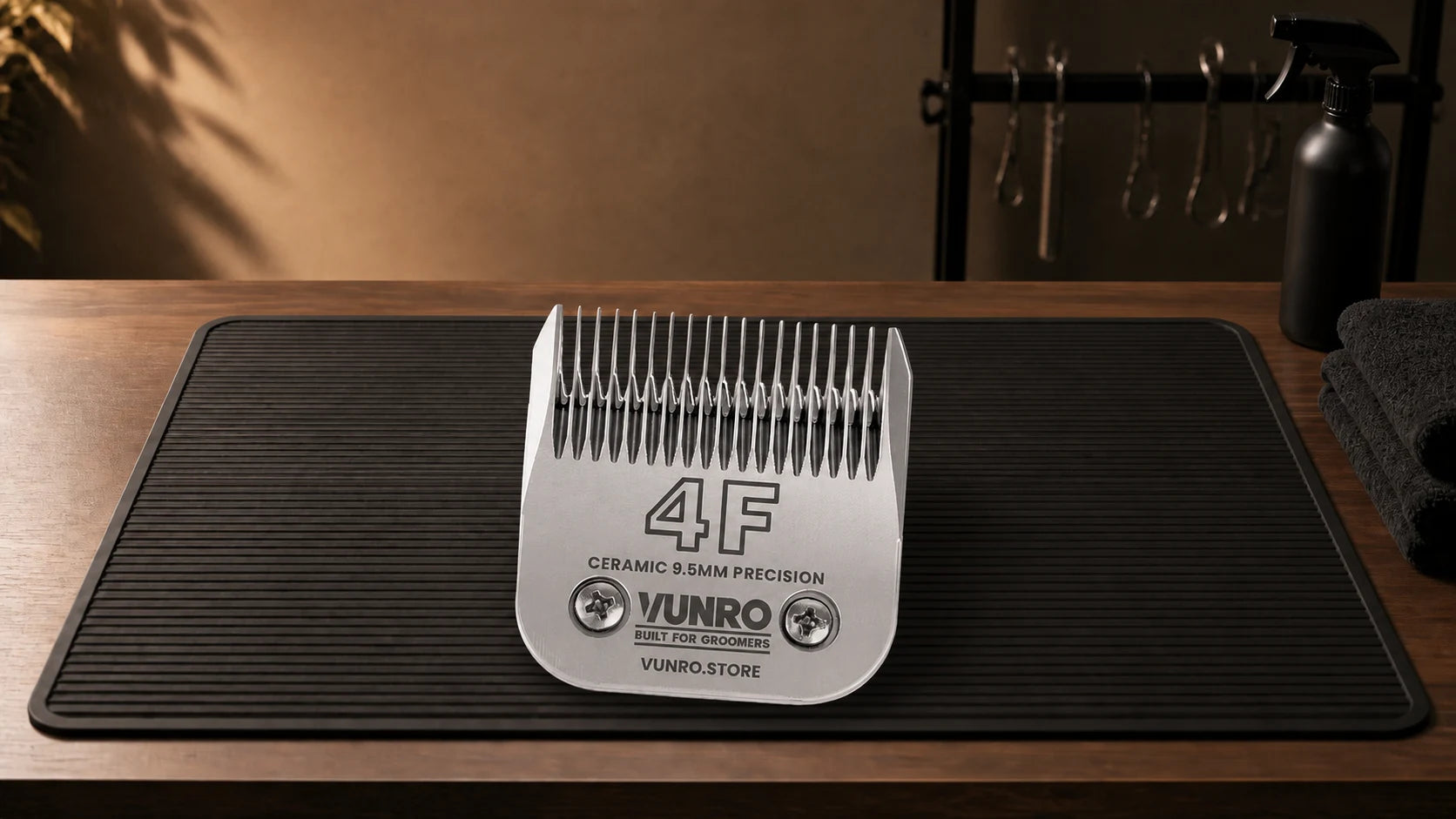#4F Ceramic Dog Clipper Blade (9.5 mm) resting naturally on the VUNRO grooming workbench